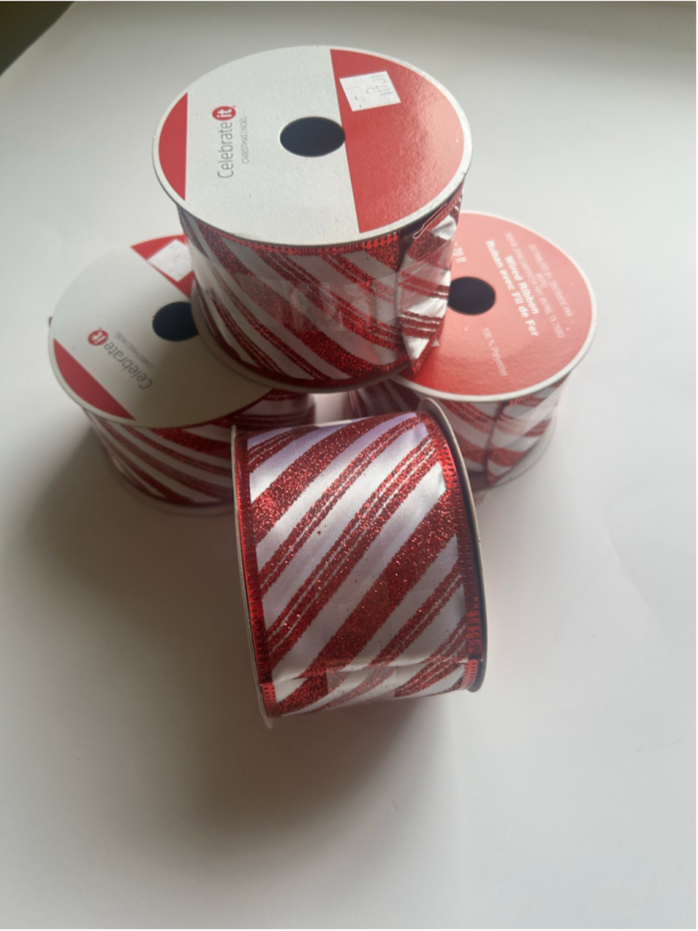 NEW 4 Celebrate It Wired Christmas Ribbon Red/White